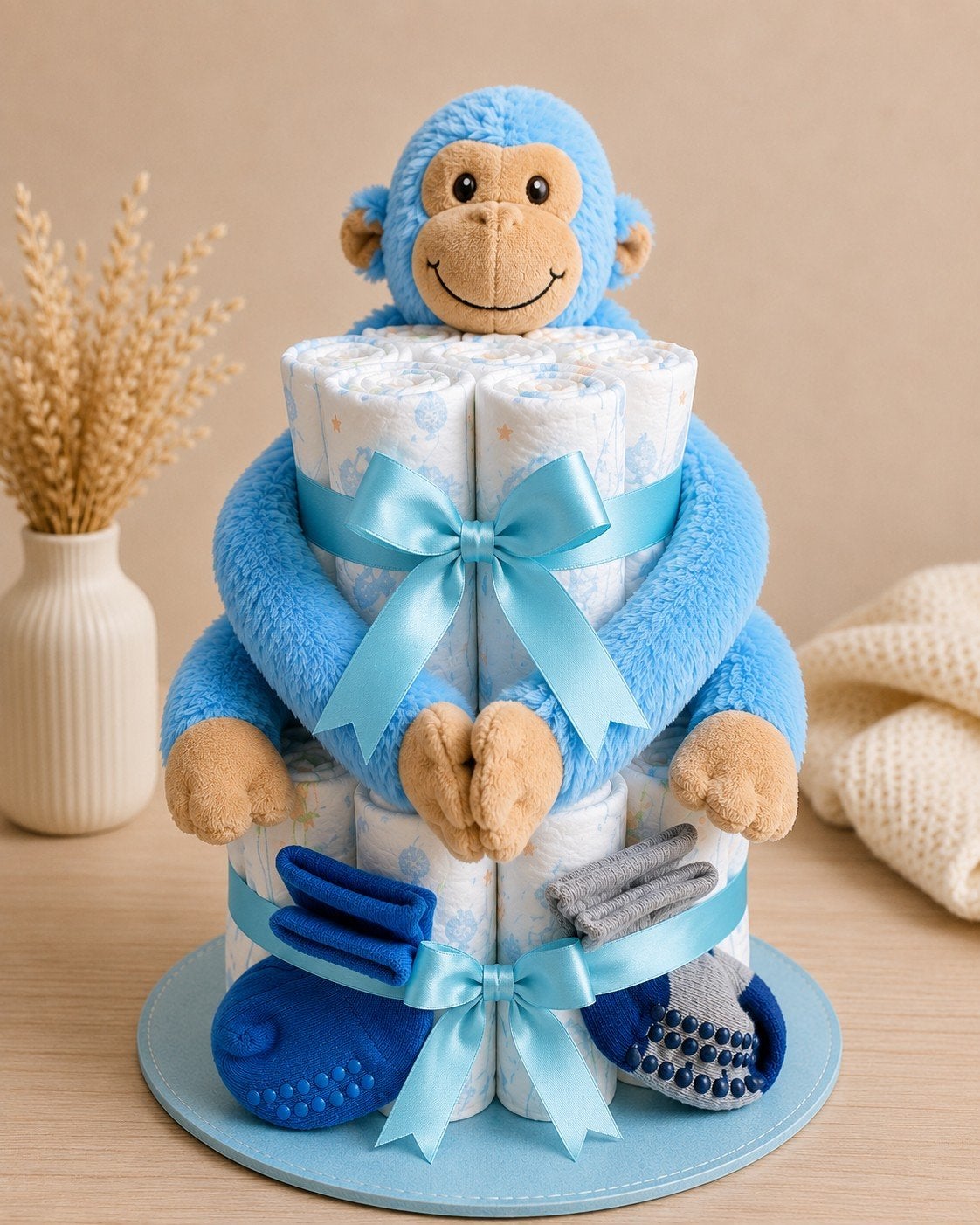 Luiertaart met blauwe aap en babysokjes, Ophalen of Verzenden, Nieuw, Kraamcadeau