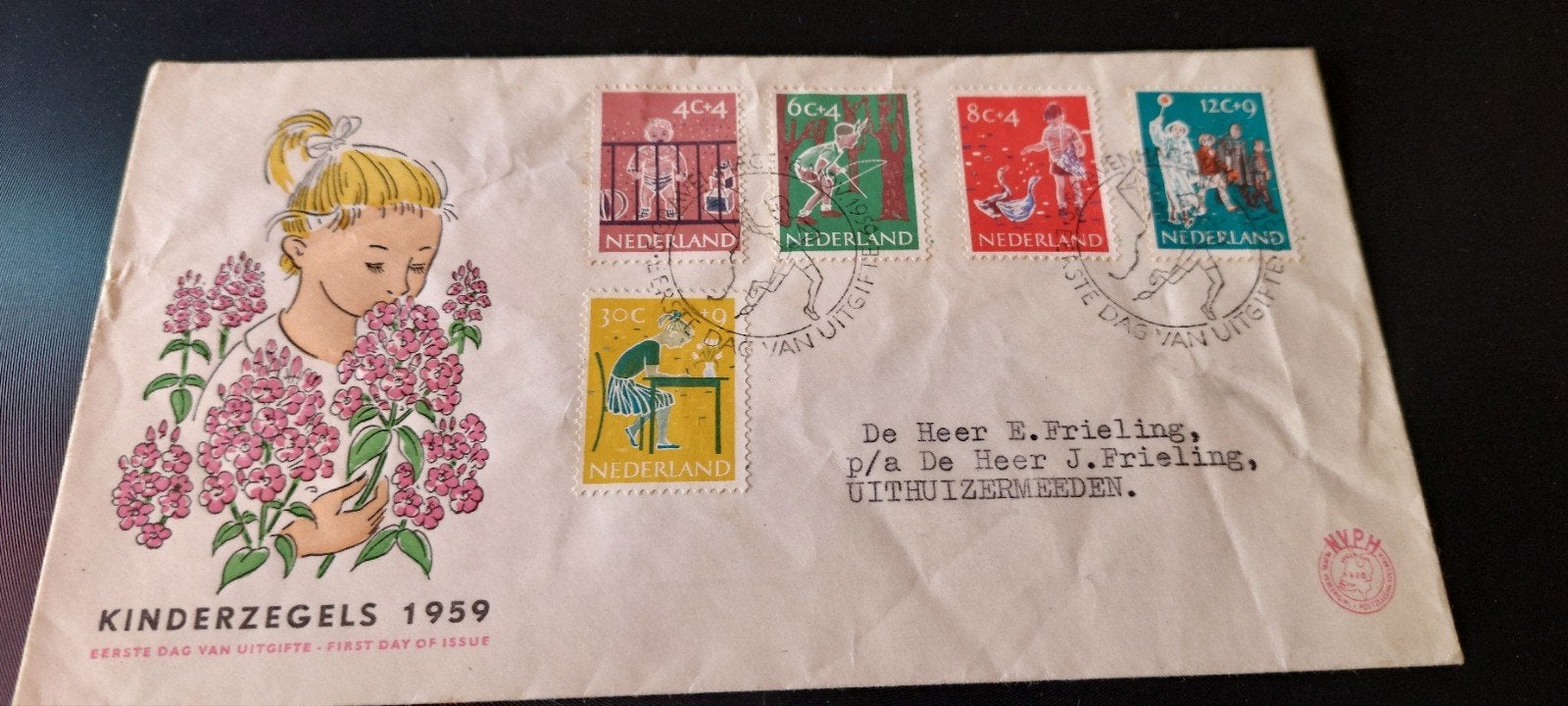 Eerste dagenvelope e41 kinder zegels 1959, Ophalen, Beschreven, Nederland