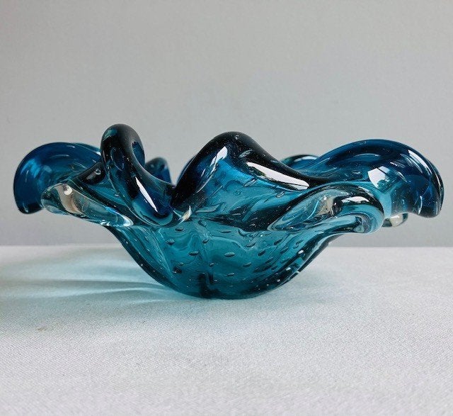 Murano glas vintage schaal turquoise bullicante sixties MCM, Ophalen of Verzenden