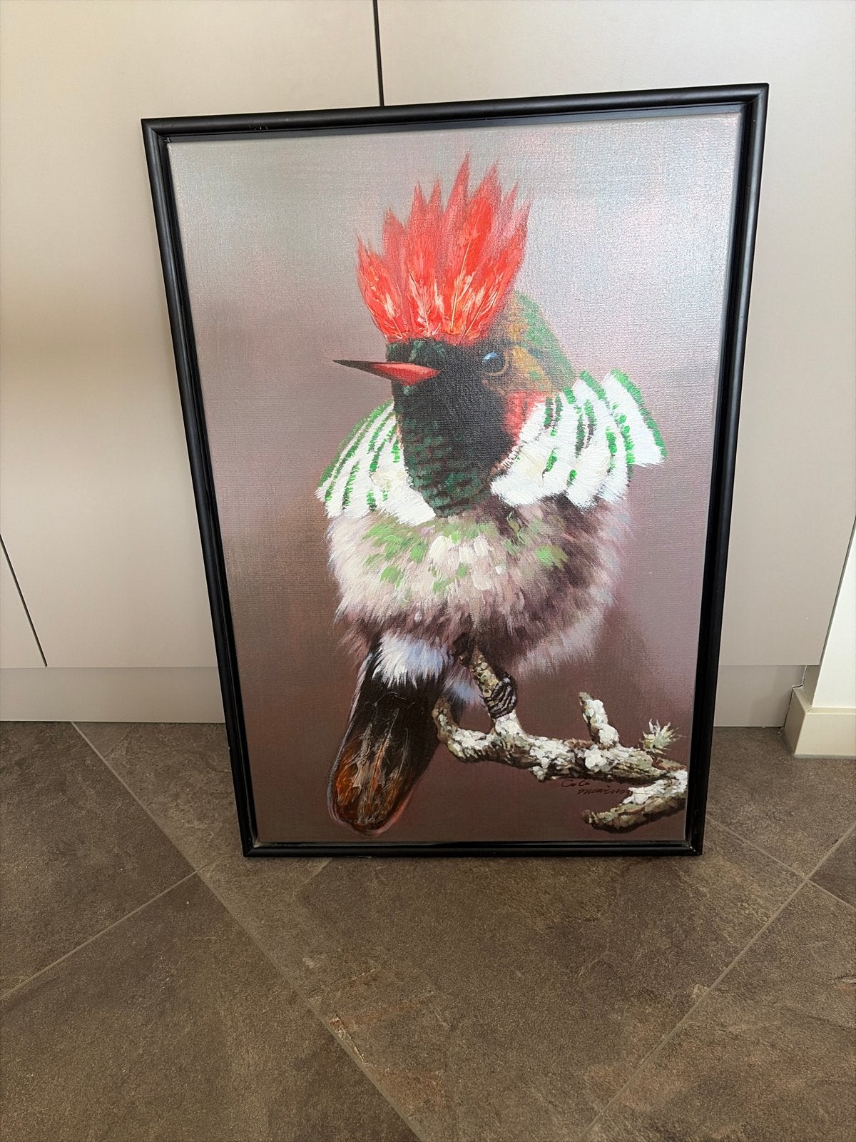 Schilderij van een kleurrijke vogel met kuif, Antiek en Kunst, Kunst | Schilderijen | Klassiek, Doek, Realistisch, Dieren, Ophalen of Verzenden