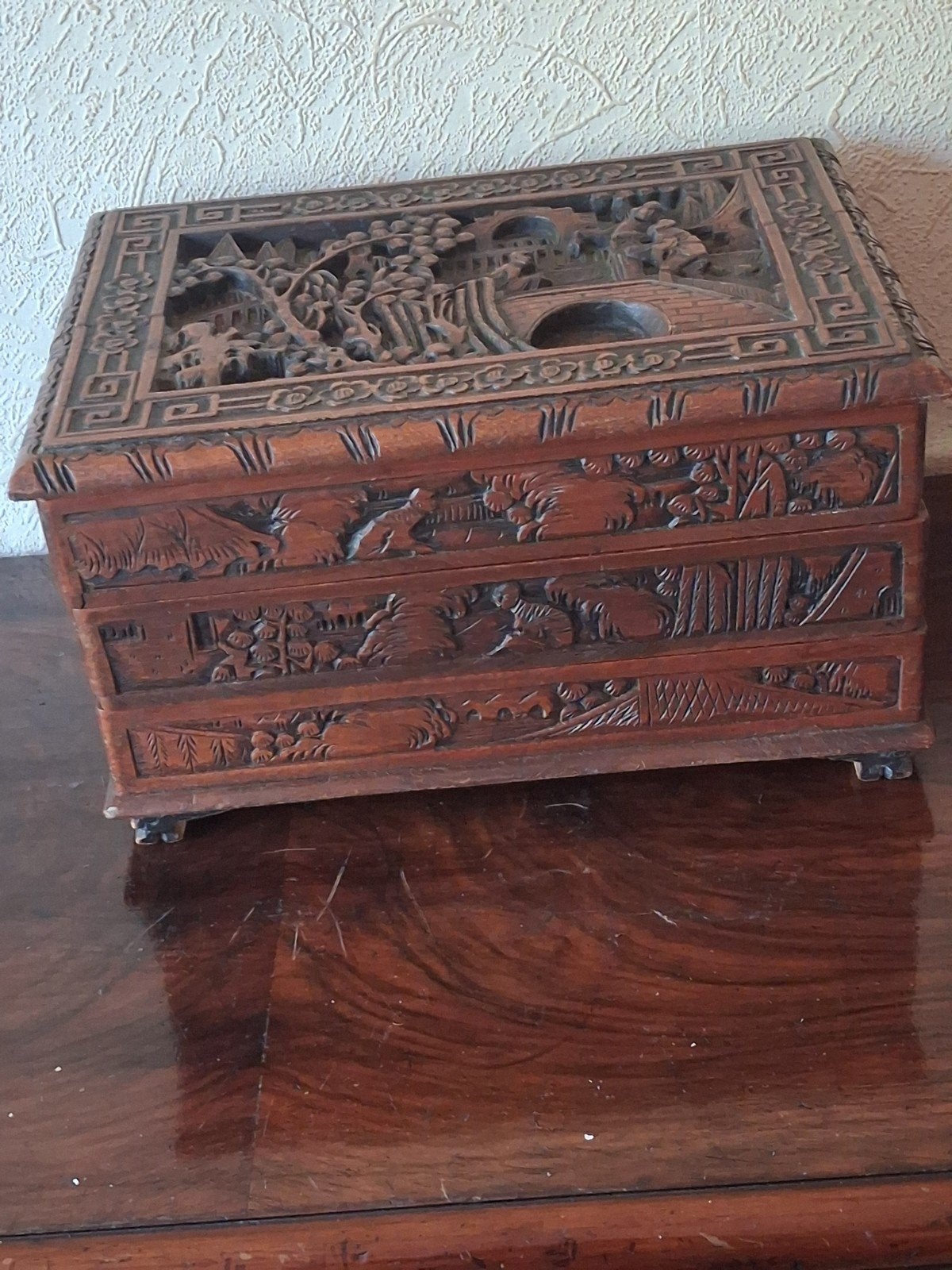 Antieke Chinese Carved Houten Juwelendoos, Ophalen of Verzenden