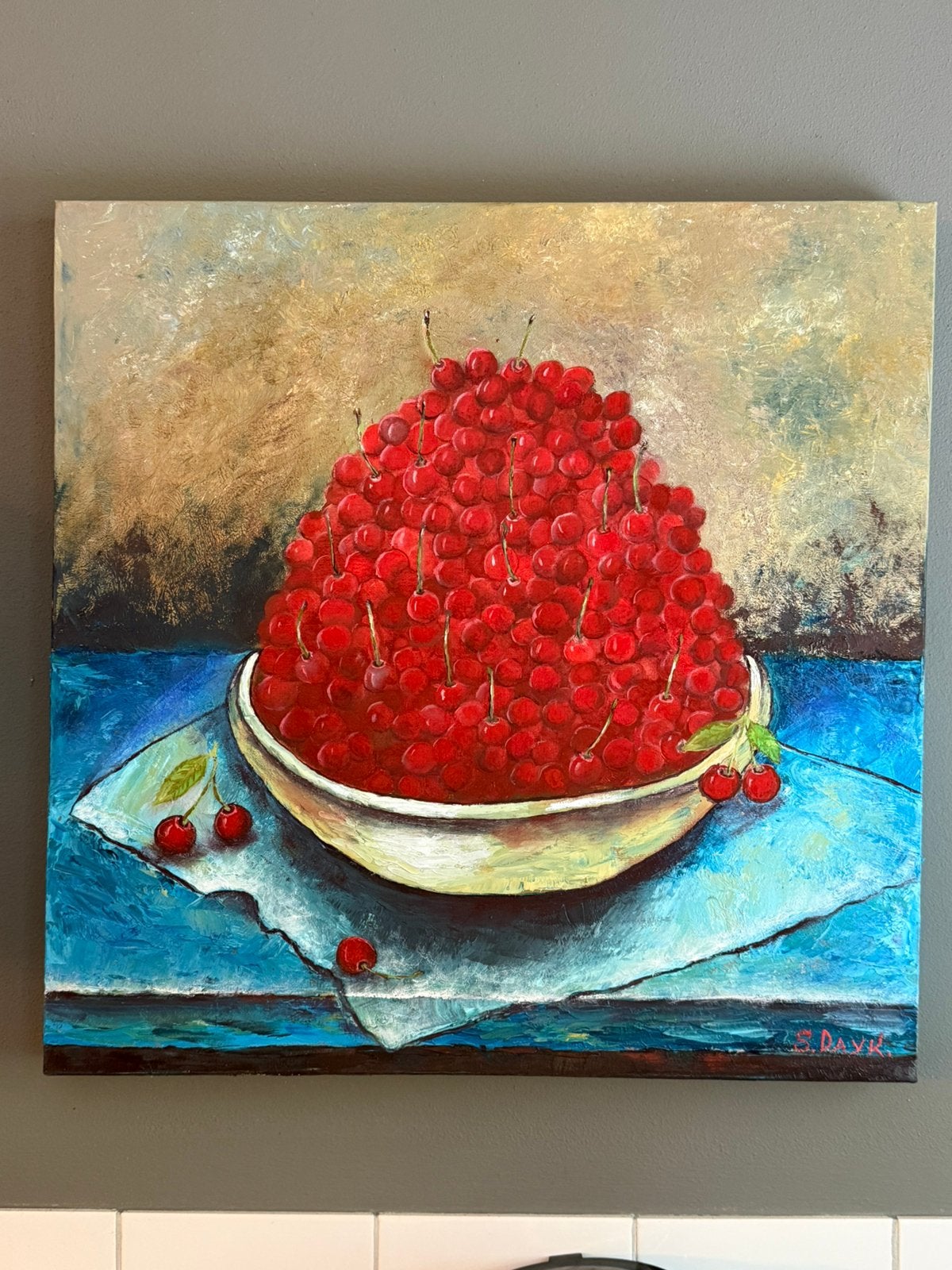 “Hoop morellen” moderne stilleven kunst, Ophalen