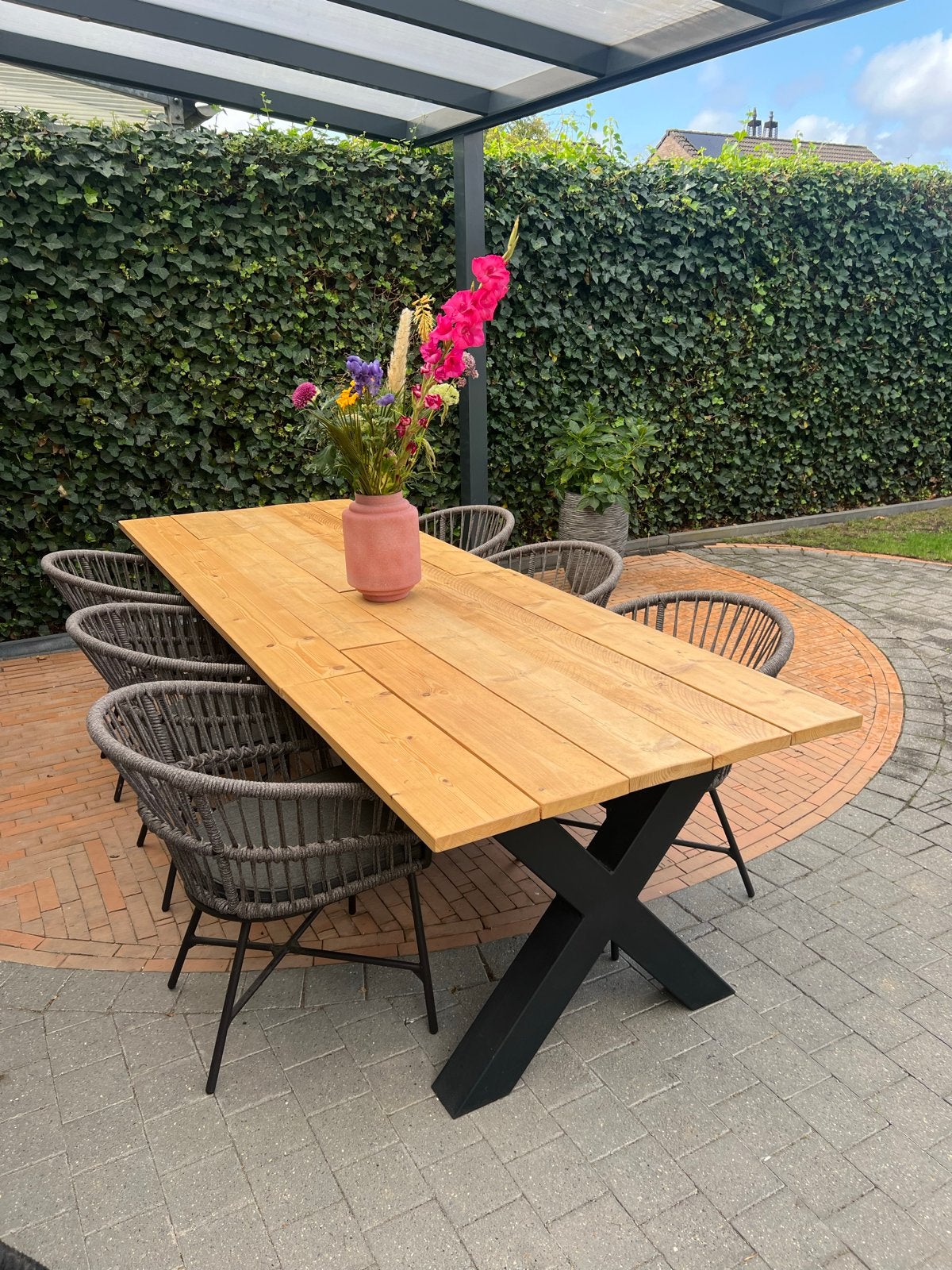 Steigerhouten eettafel inclusief stoelen - X-poten - gelakt, Ophalen of Verzenden, Gebruikt, Rechthoekig, Hout