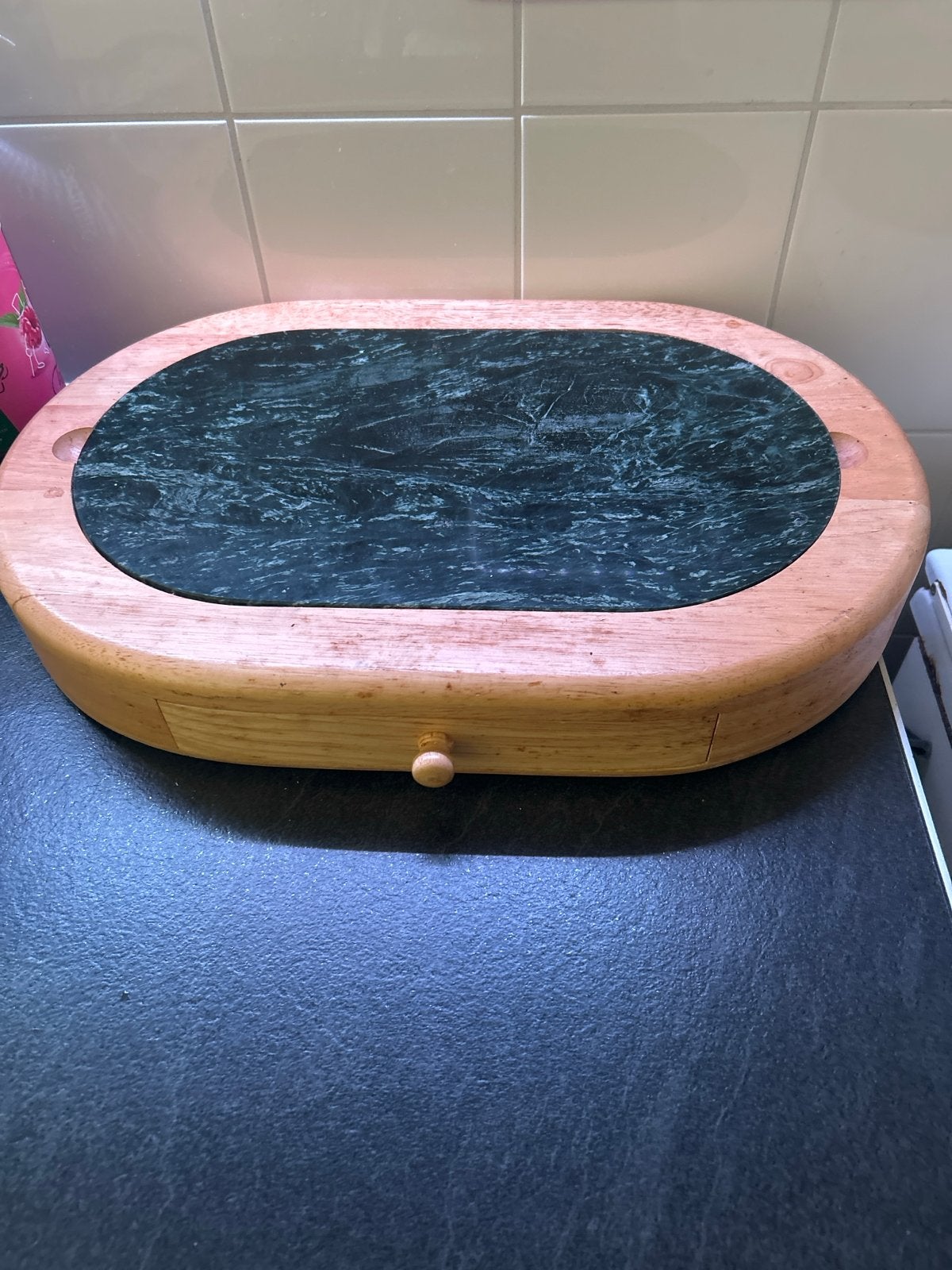 Ovale houten kaasplank met marmeren inzet en lade, Ophalen of Verzenden