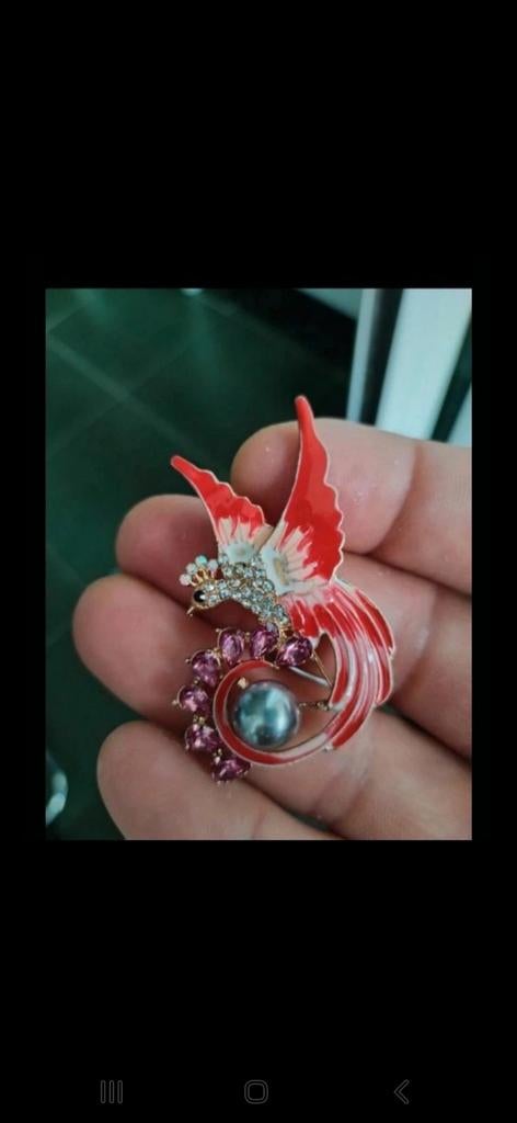 Nieuwe Broche Rode Feniks met Parel en Kristallen, Sieraden, Tassen en Uiterlijk, Overige materialen, 4 tot 7 cm, Met kristal