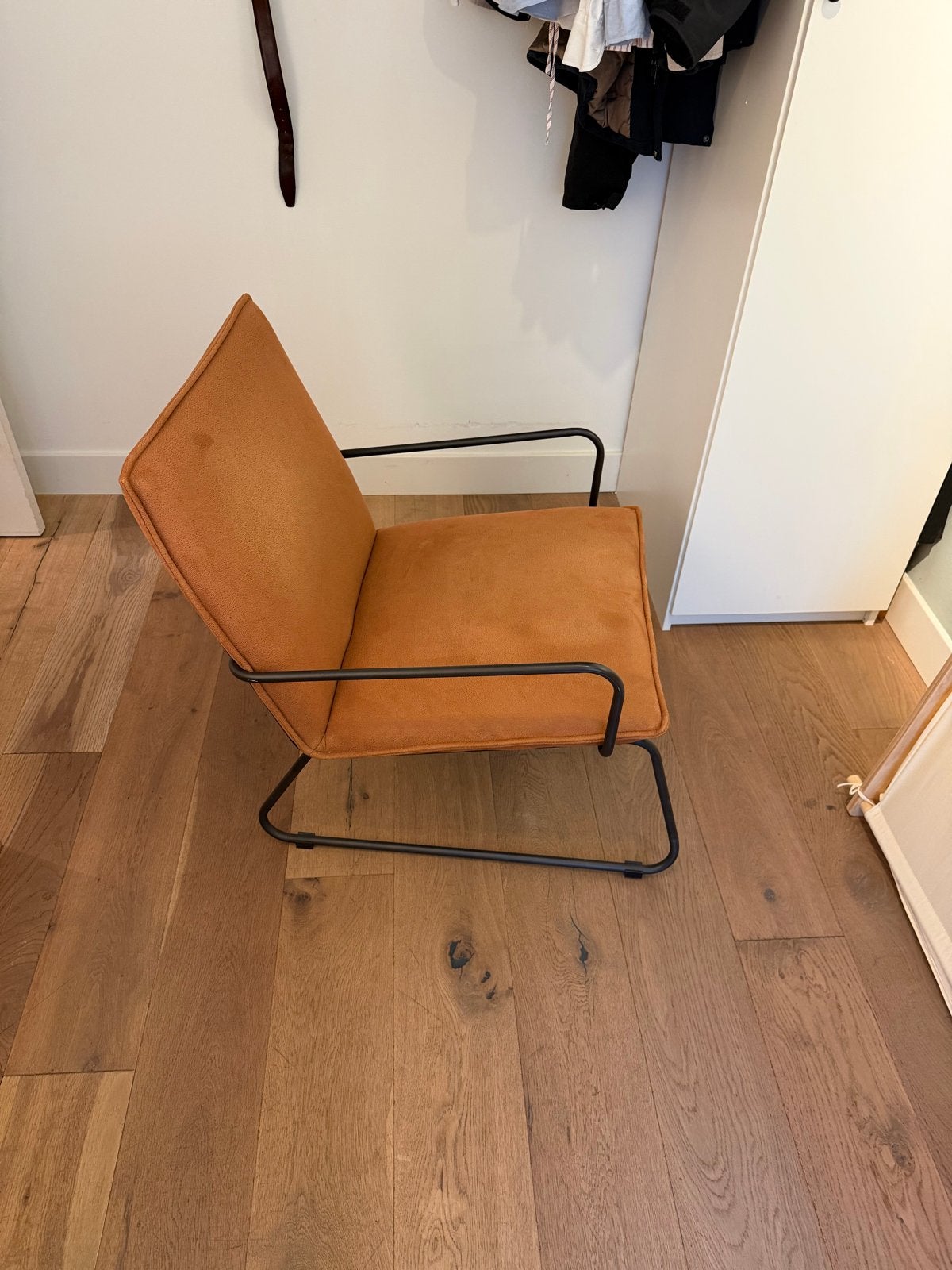 Comfortabele fauteuil - Cognac stof met metalen potenframe, Ophalen, Gebruikt, 75 tot 100 cm, Stof