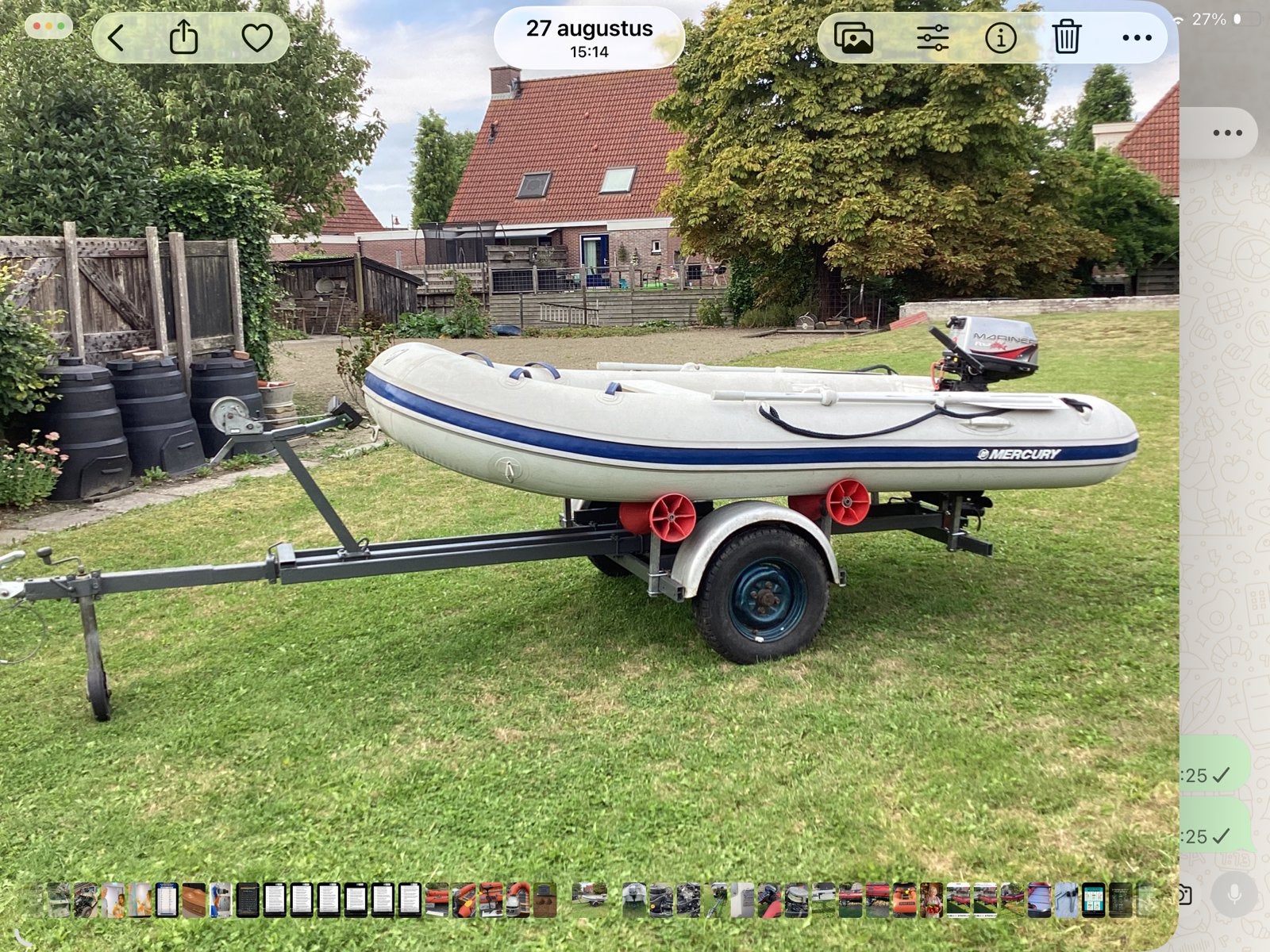 Mercury rubberboot met 4pk Mariner 4tact op trailer, Watersport en Boten, Ophalen, Gebruikt, Hout, Mercury