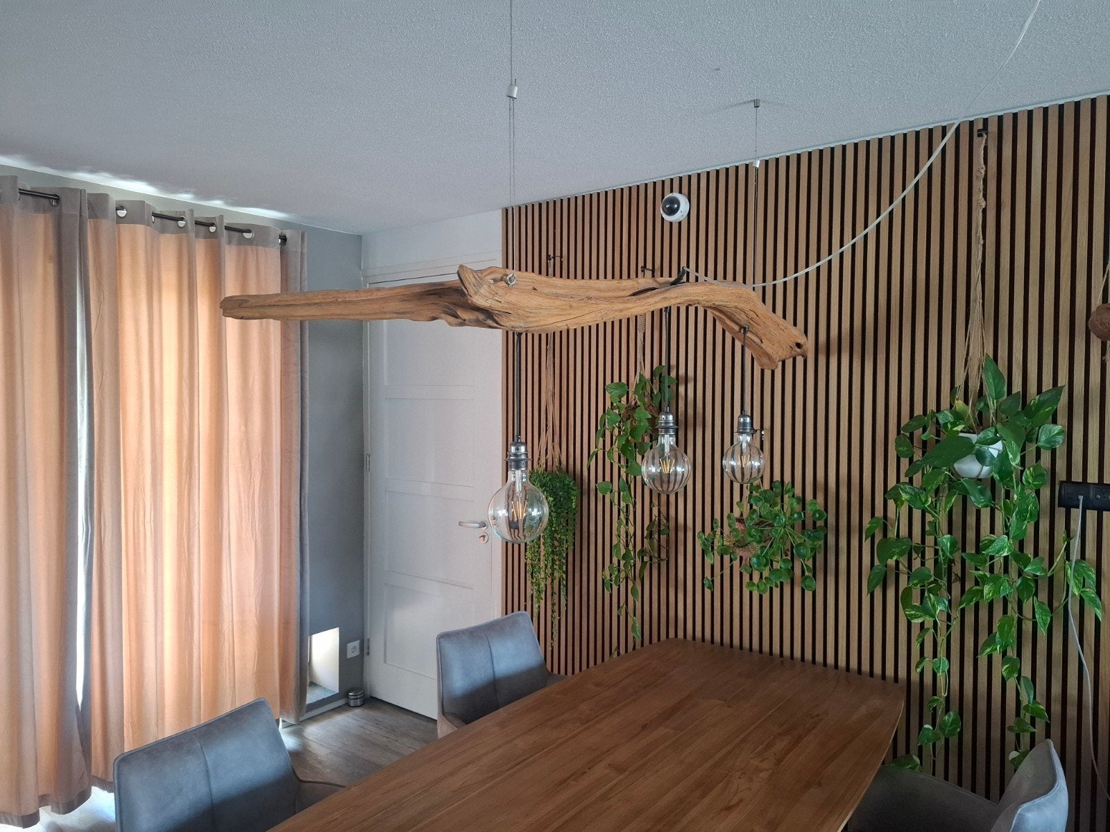 Unieke driftwood houten lamp met 3 grote led 4Watt bollen, Ophalen, E27 (groot), Zo goed als nieuw, Rustiek, Industrieel, Landelijk