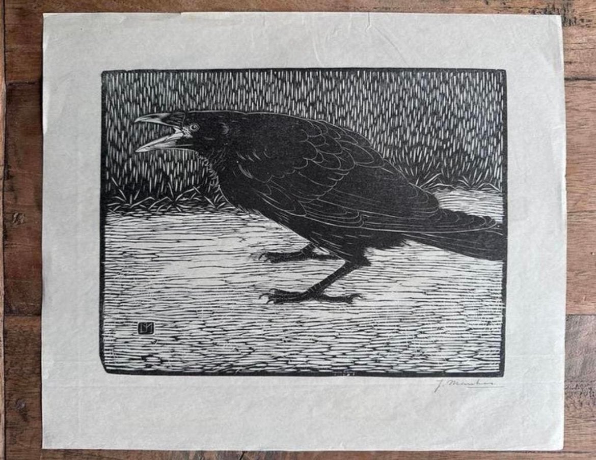 Jan Mankes 1889-1920 / Houtsnede Schreeuwende Kraai 1918, Antiek en Kunst, 25 cm, Ophalen of Verzenden, Houtsnede, Flora en Fauna