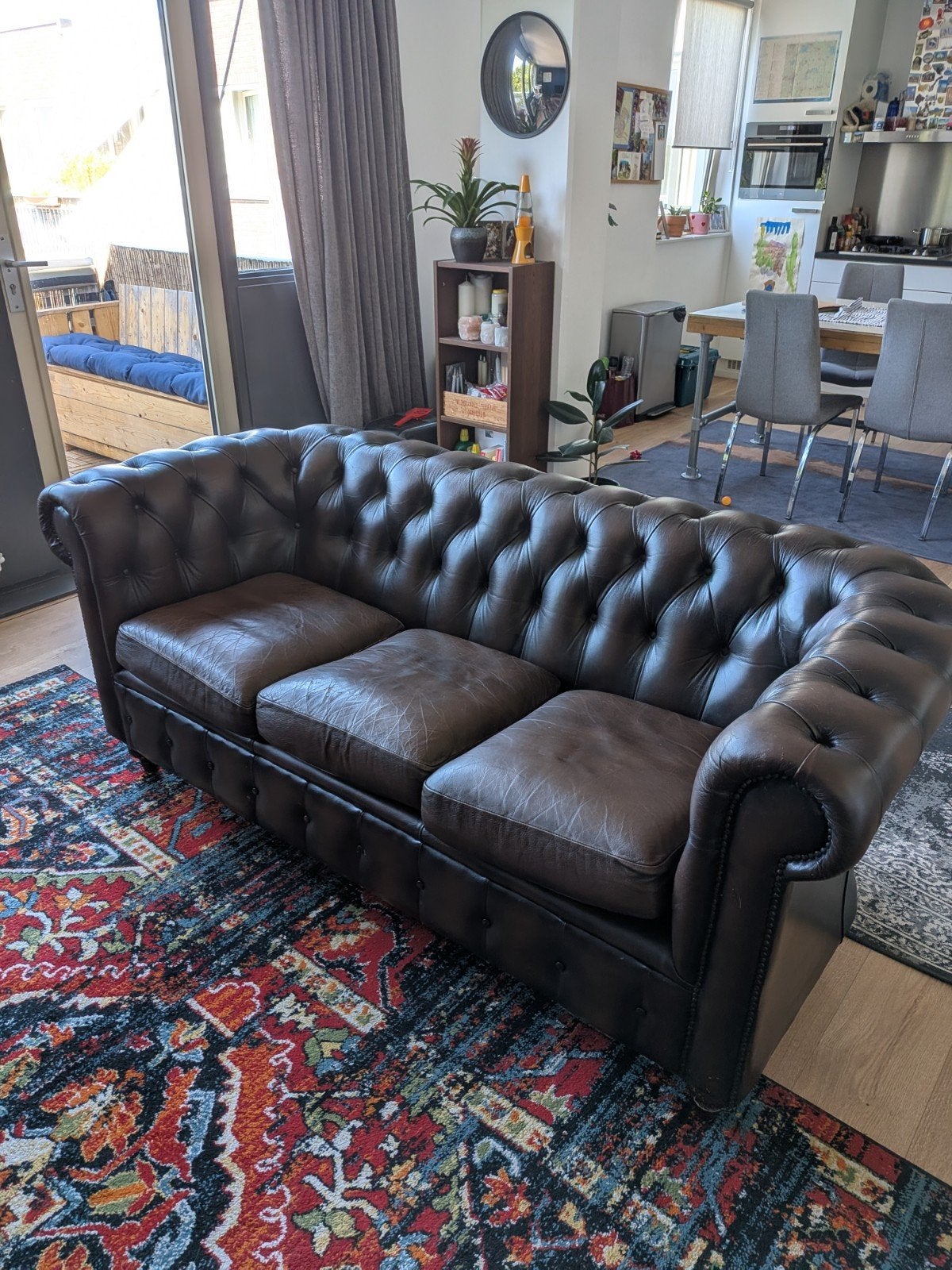 Chesterfield bank, driezits - 185 cm br, 80 cm hg, 85 cm dp, Ophalen, Gebruikt, 150 tot 200 cm, Chesterfield