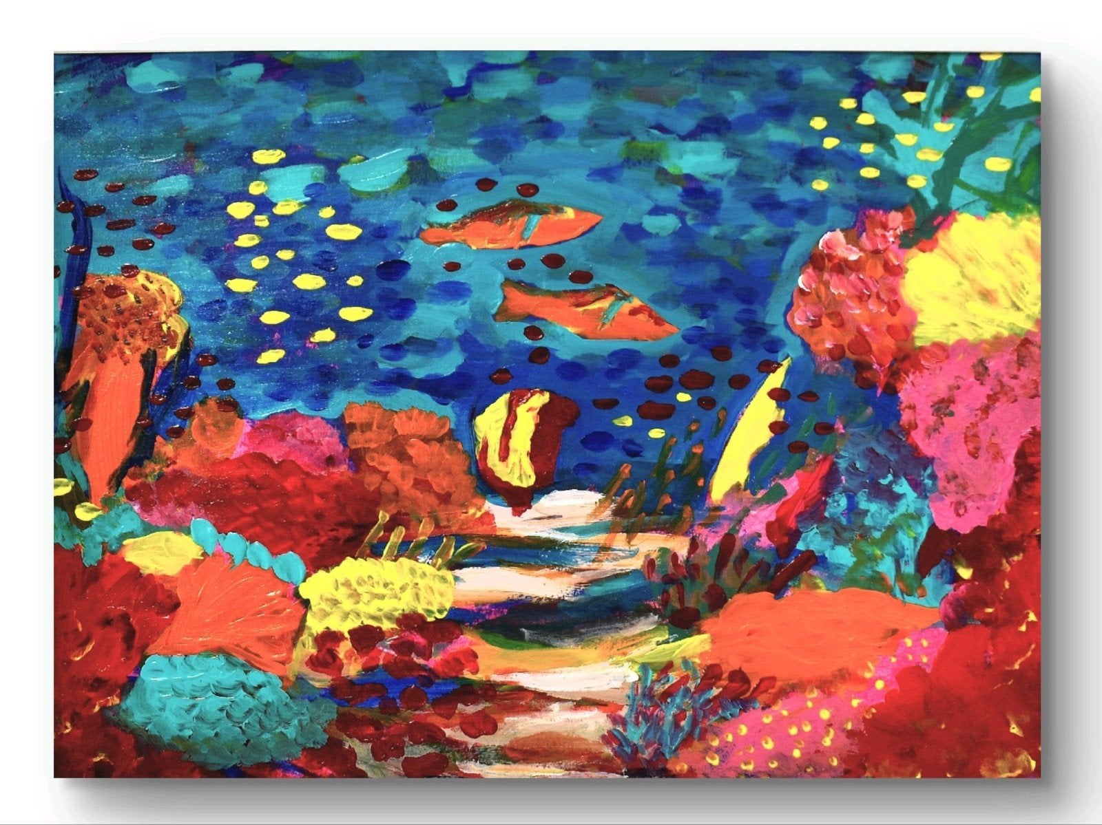 Origineel Schilderij Van Een Koraalrif, Antiek en Kunst, Kunst | Schilderijen | Modern, Abstract, Acrylverf, Papier/karton, Ophalen of Verzenden