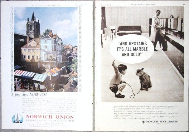 7 Engelse advertenties reclames 1961 - banken geld sparen, Ophalen of Verzenden, Gebruikt, Overige typen