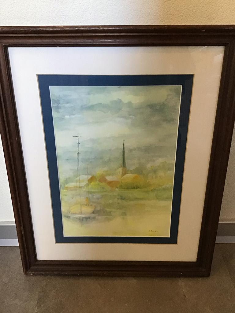 Schilderij met kerk en boot, gesigneerd C. Backx, Ophalen of Verzenden