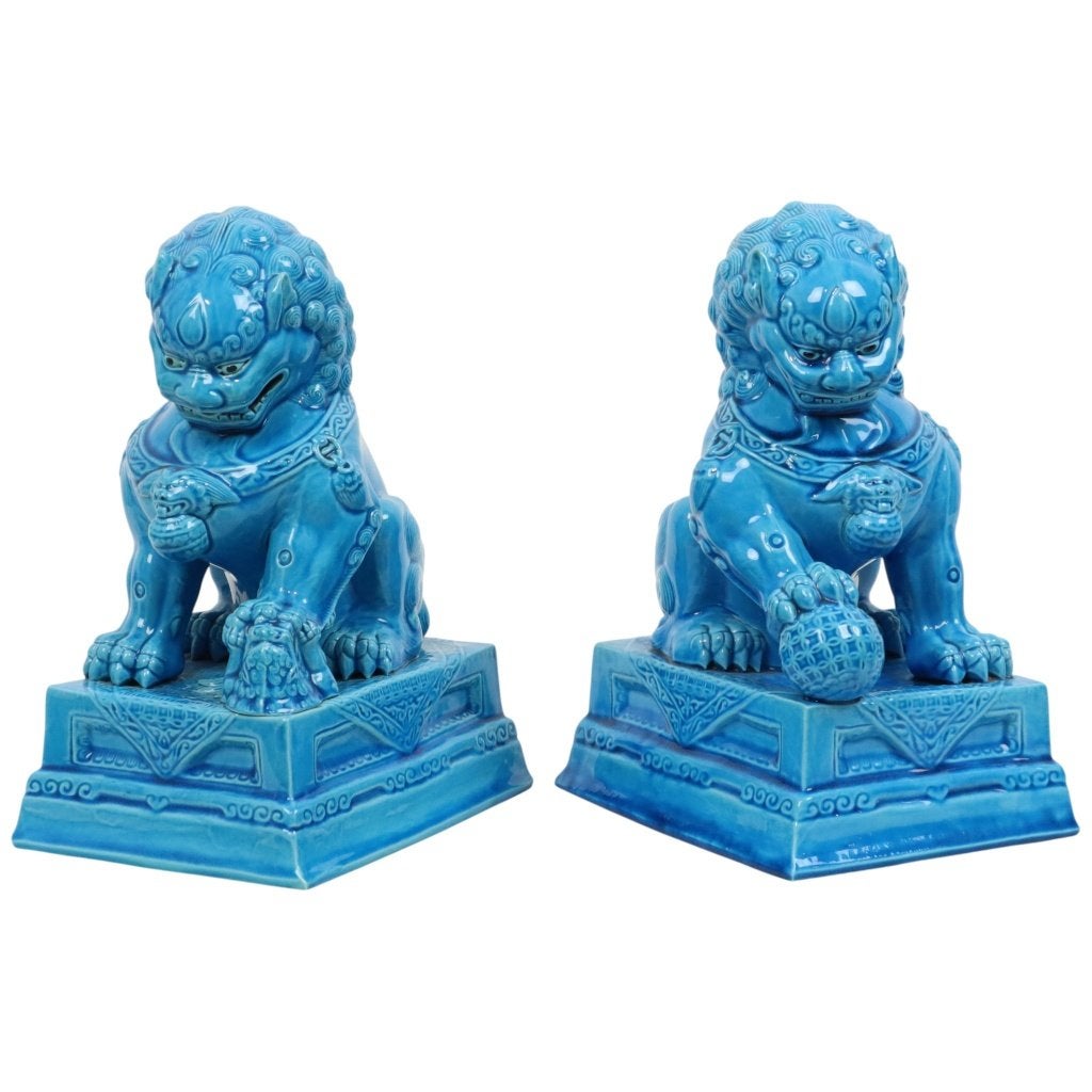 Grote Tempelleeuw Beelden Foo Dogs Blauw Porselein 25cm, Ophalen of Verzenden, 20 - 50 cm, Steen of Keramiek, Beeld