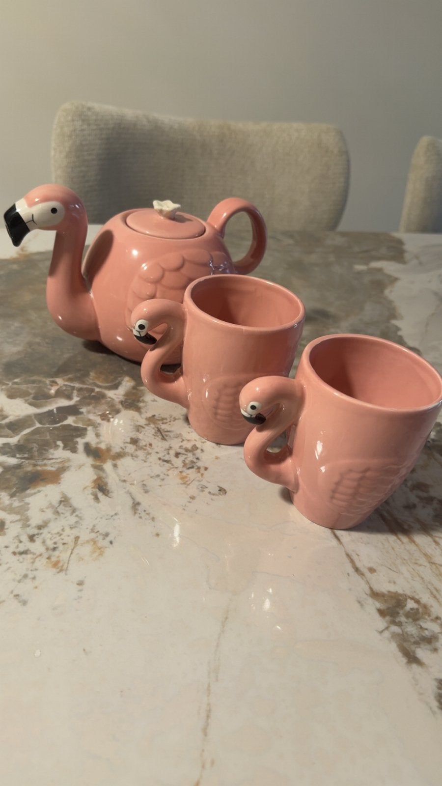 Flamingo theepot met 2 kopjes - Roze decoratie set, Theepot/fluitketel, Ophalen of Verzenden, Zo goed als nieuw, Roze