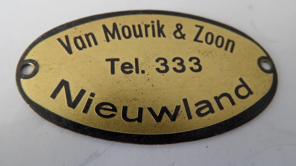 Van Mourik en Zoon Nieuwland  spatbordplaatje, Verzenden, Gebruikt, Gebruiksvoorwerp