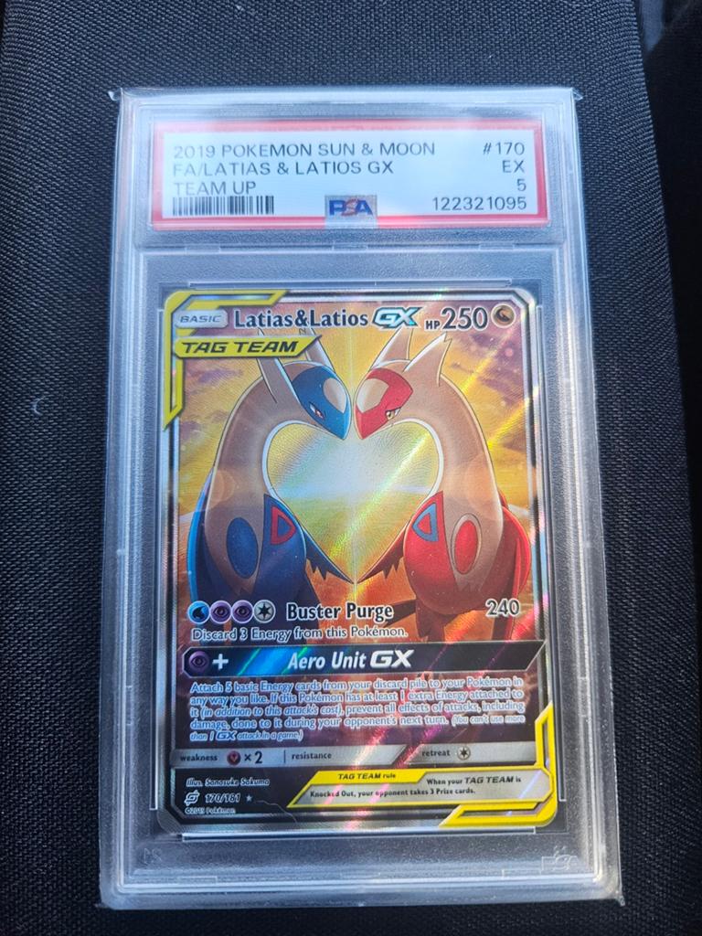 PSA 5 Latias & Latios GX 170/181 Team Up Pokémon Kaart, Ophalen of Verzenden, Gebruikt, Losse kaart, Foil