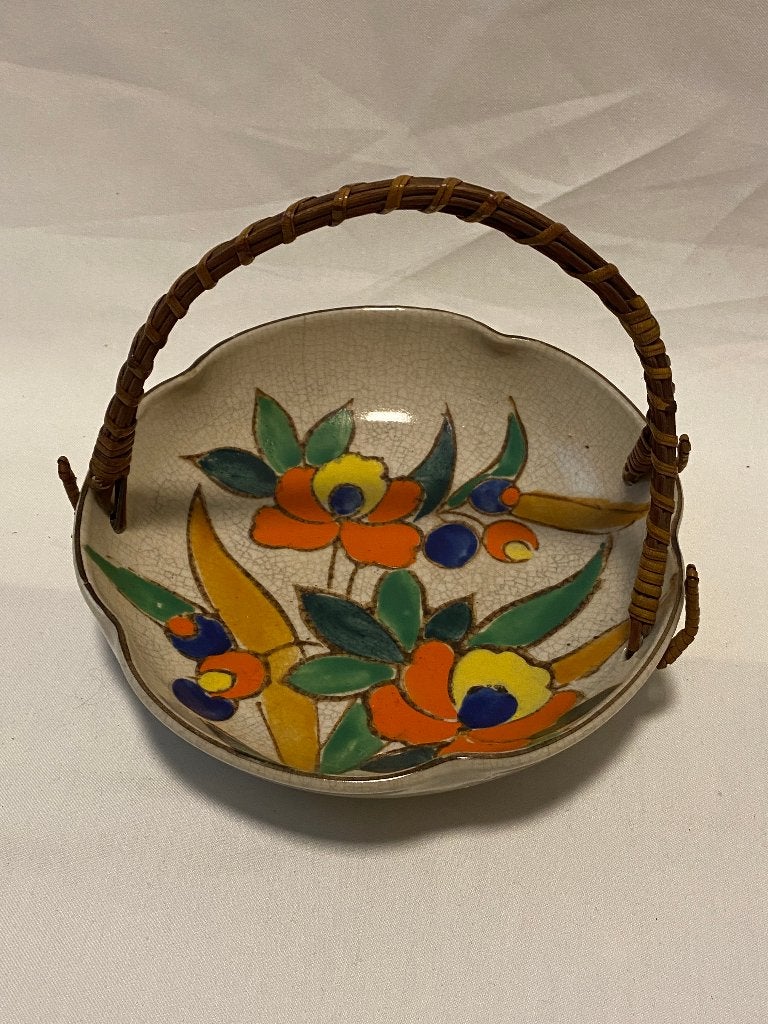 Art Deco Mooi fleurig schaaltje met bloem motief en rieten, Gebruikt, Porselein of Keramiek, Schaal, Rond