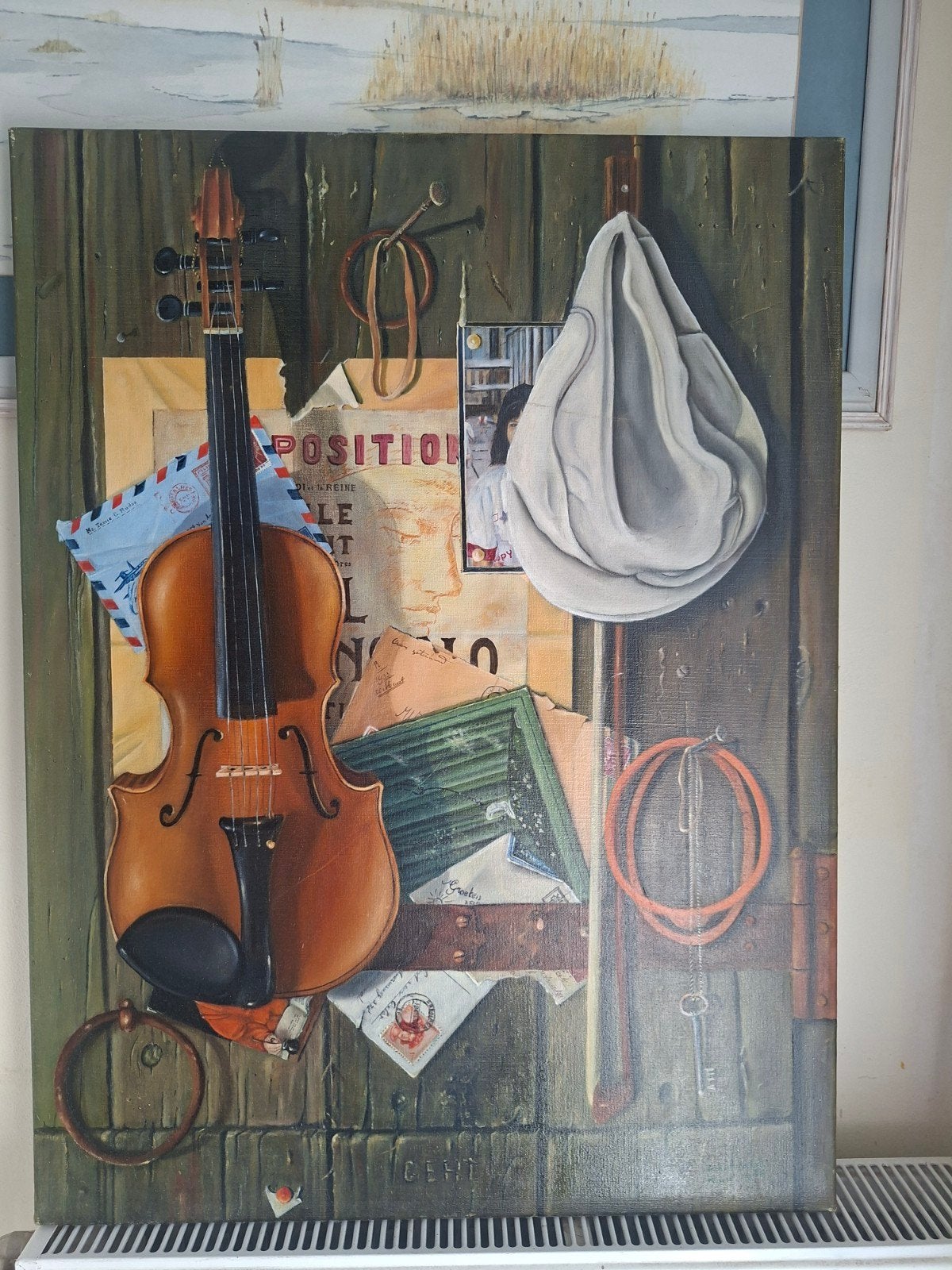 Olieverfschilderij met viool en brieven gemaakt door mijn oo, Ophalen of Verzenden