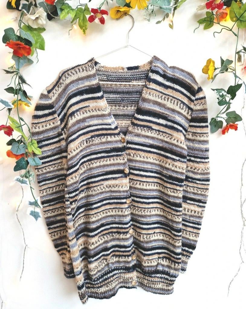 Leuk vintage handgebreid gestreept wollen vestje, Ophalen of Verzenden, Zo goed als nieuw, Maat 42/44 (L)