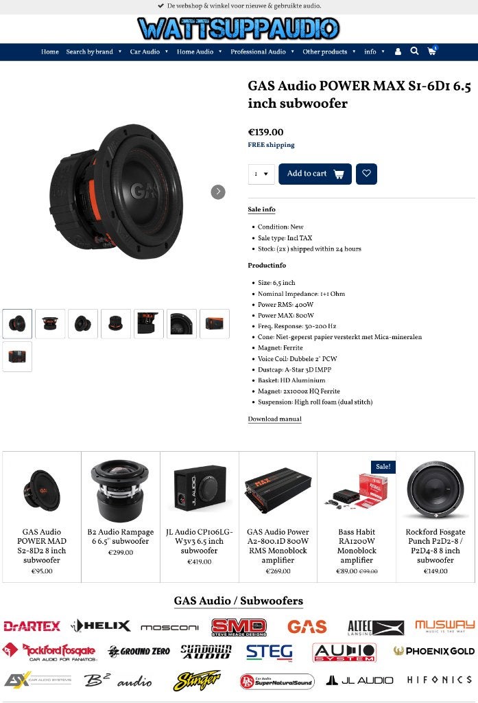 GAS Audio POWER MAX S1-6D1 6.5 inch subwoofer, Auto diversen, Info@optimount.nl, Nieuw, Ophalen of Verzenden, Anholtseweg 48A 7091 HB DINXPERLO