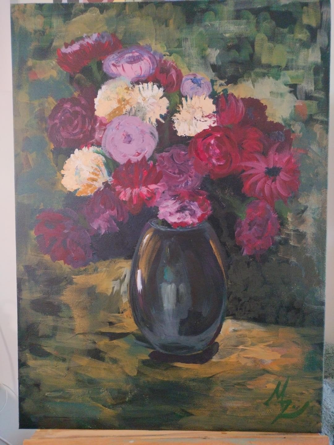 Bloem Stilleven - Levendig Boeket in Vaas op doek, Acrylverf, Bloemen, Textiel, Gesigneerd