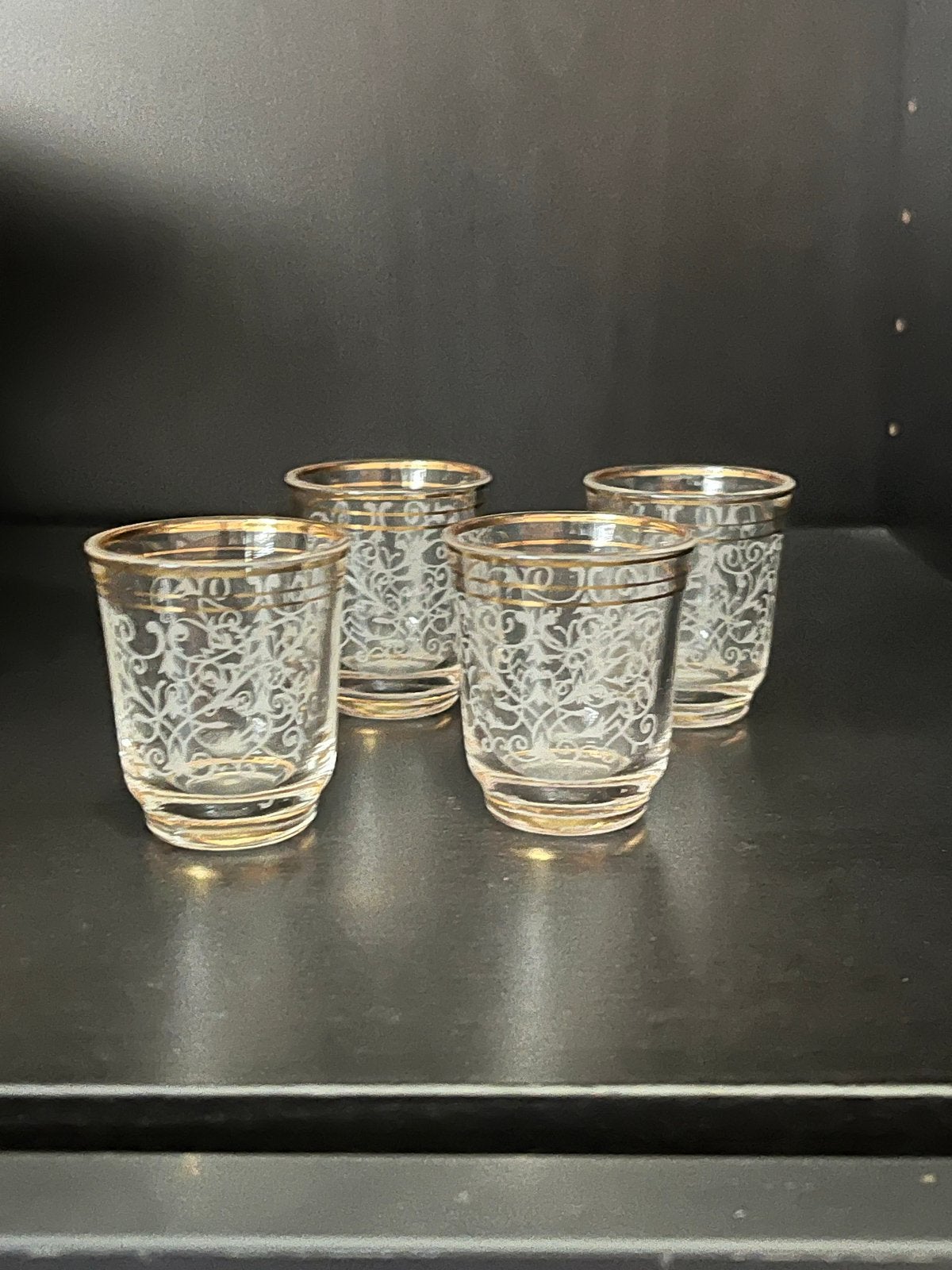 Set van 4 vintage borrelglaasjes met gouden rand, Ophalen, Gebruikt, Borrel- of Shotglas