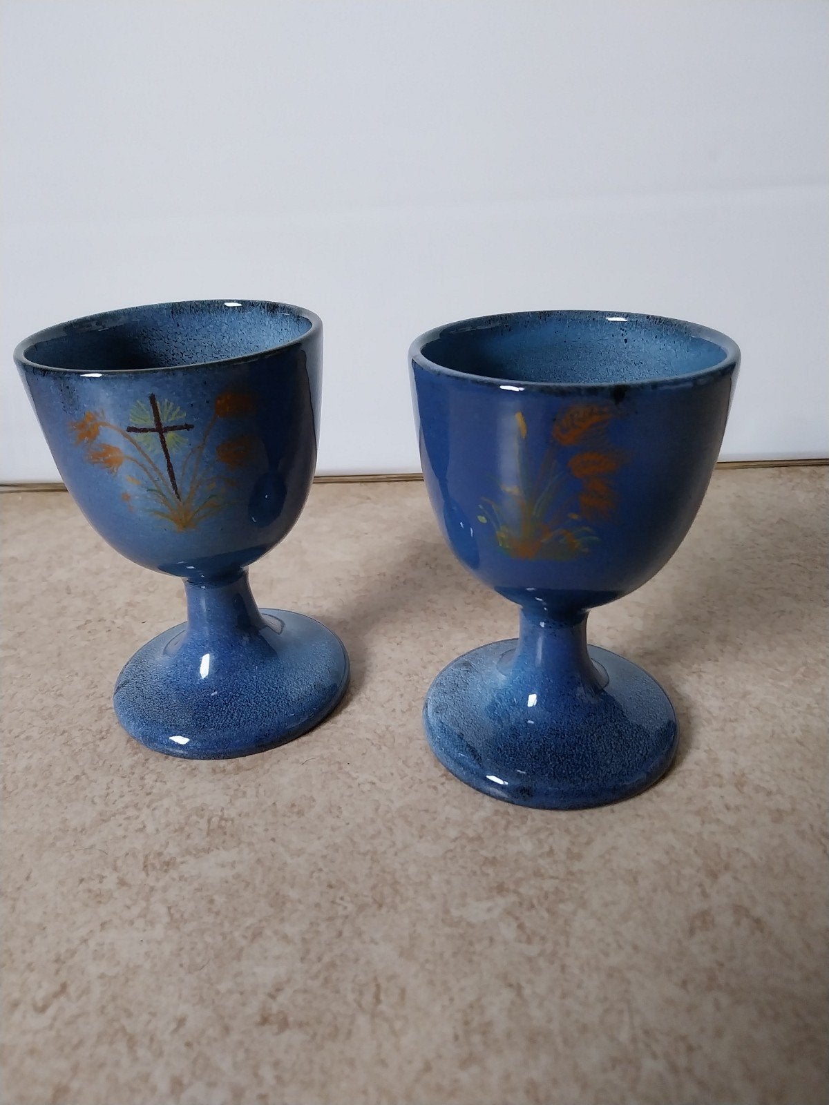 Vintage Assisi Wijn Beker Set - Blauw Keramiek met Kruis, Ophalen of Verzenden