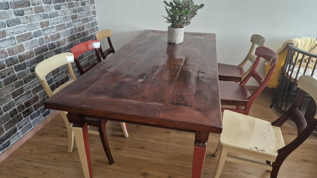 Robuuste houten eettafel (220x100 cm) en 6 stoelen, Huis en Inrichting, Tafels | Eettafels, Ophalen, Gebruikt, Eikenhout, 200 cm of meer