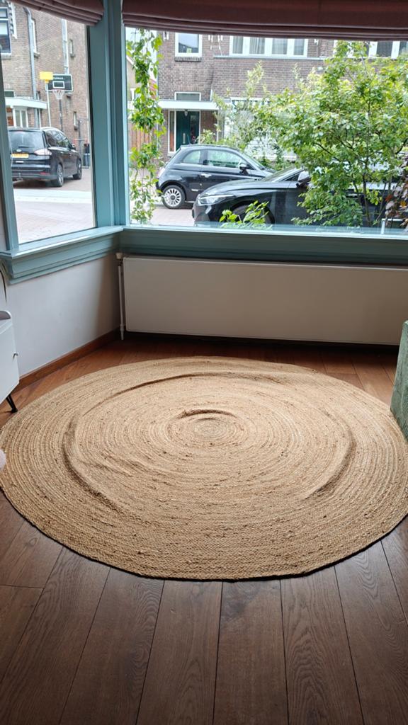 Handgemaakt juten vloerkleed 2m diameter, Gebruikt, Bruin, Rond, 200 cm of meer