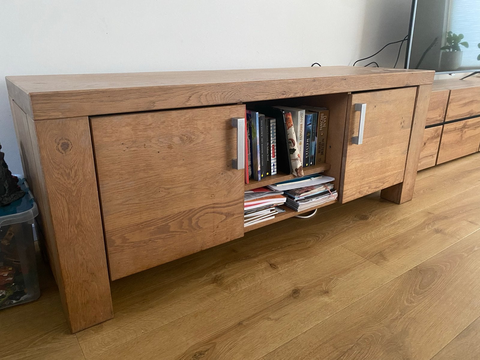 Massief eiken tv-kast 160 cm, Ophalen, 150 tot 200 cm, Eikenhout, Zo goed als nieuw