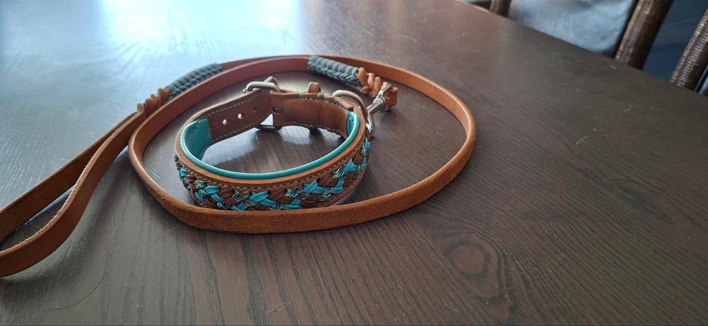 Handgemaakte leren hondenriem + halsband met paracord, Dieren en Toebehoren, Hondenhalsbanden en Penningen, Ophalen of Verzenden