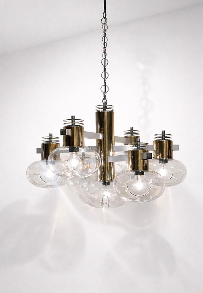 Vintage Midcentury Goud en Zilvere Hanglamp Kroonluchter, Ophalen of Verzenden, Gebruikt, Metaal, Minder dan 50 cm
