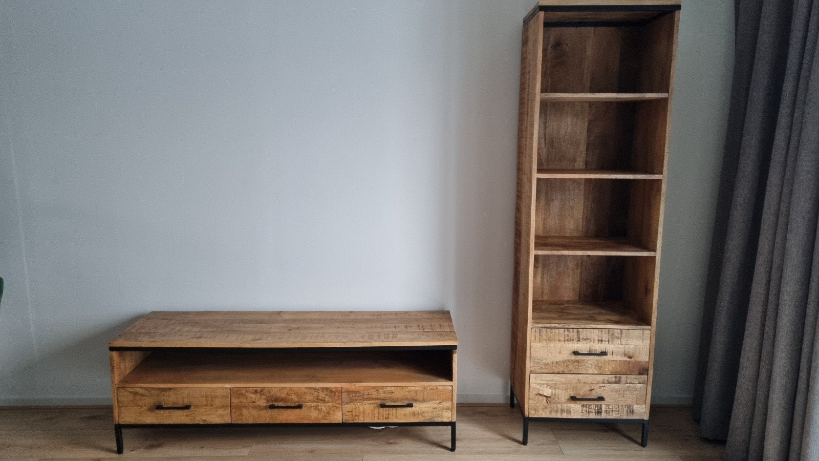 TV-meubel en Boekenkast Set - Mangohout Industrieel, 100 tot 150 cm, Industrieel, Modern, Zo goed als nieuw, 150 tot 200 cm