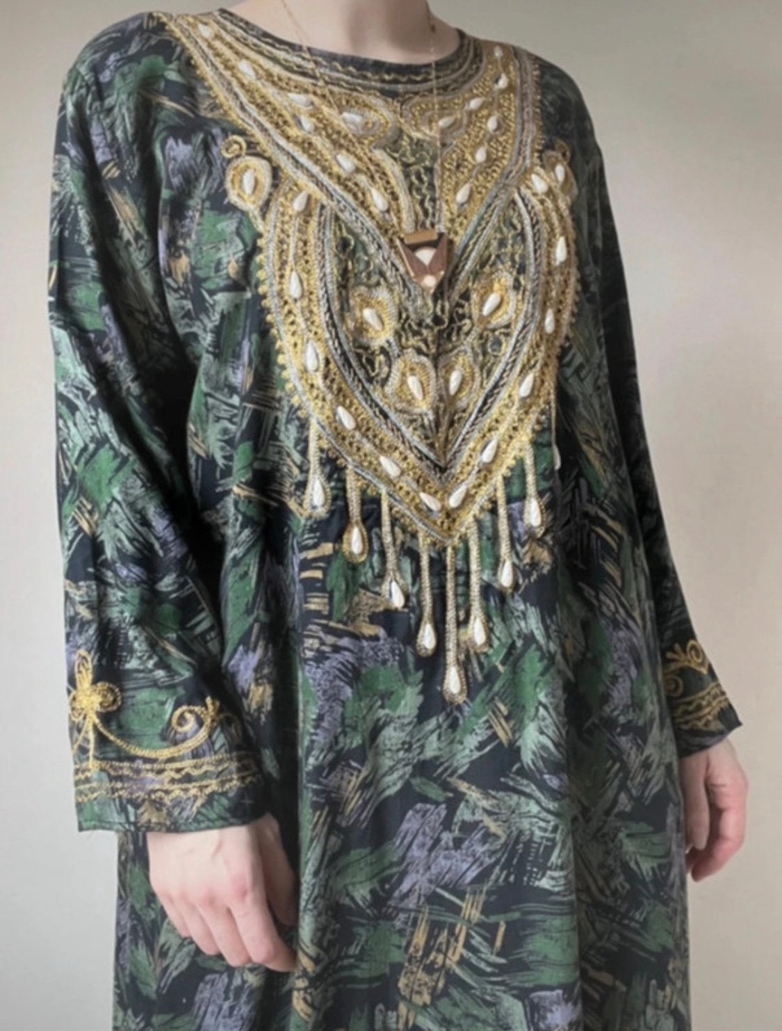 Vintage jurk met borduursels, M/L. boho bohemian kralen maxi, Maat 38/40 (M), Verzenden, Vintage, Gedragen