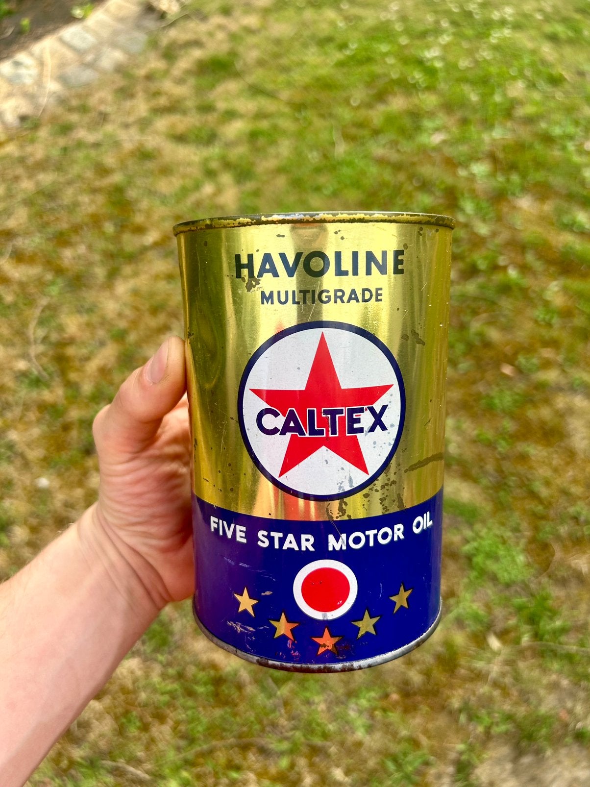 Olieblik olie blik oil can vintage Caltex havoline mancave, Verzamelen, Ophalen of Verzenden, Gebruikt, Overige