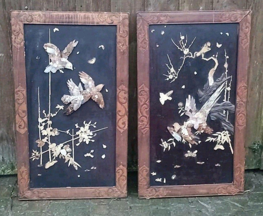 Twee Vintage Aziatische Wandpanelen met Vogels, Hout, Wanddecoratie, Handgemaakt, Ophalen of Verzenden