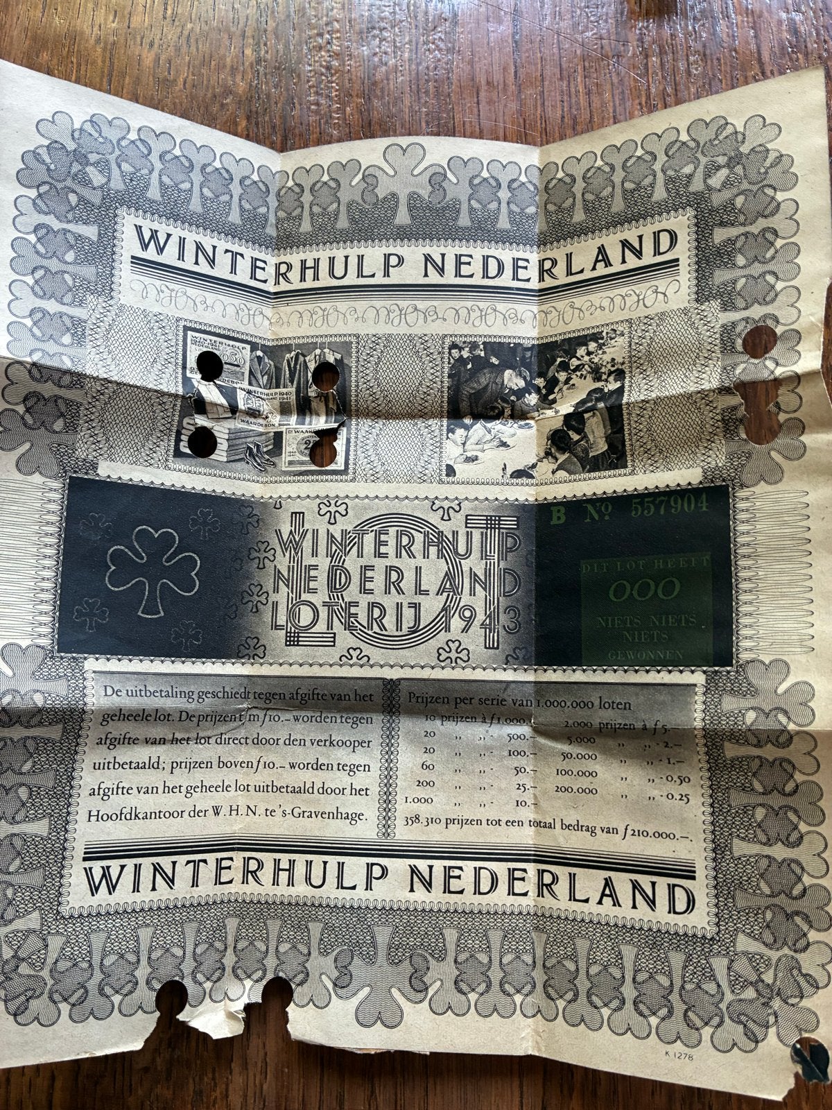 Winterhulp Nederland Loterijbiljet 1943, Ophalen of Verzenden