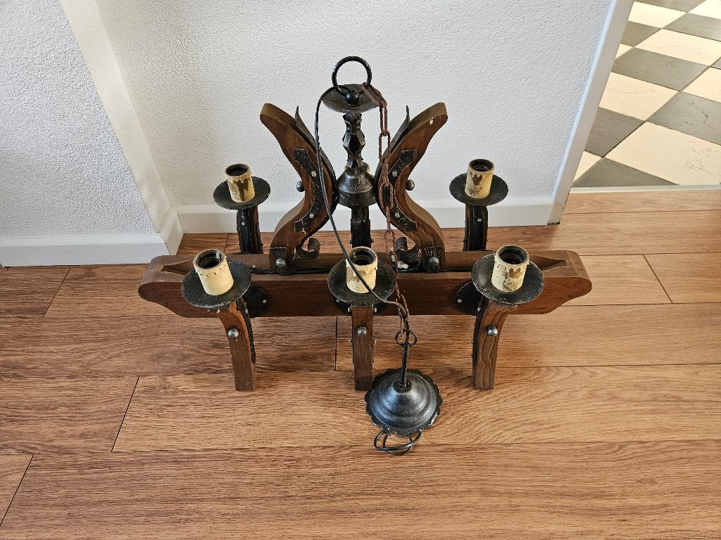 Oude houten middeleeuwse stijl, kasteel/boerderijlamp, Ophalen, Gebruikt, Hout, E27 (groot)