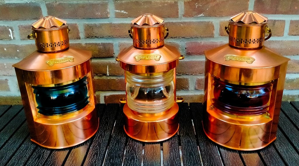 Set van 3 Rood Koperen Scheepslampen - Als Nieuw, Ophalen of Verzenden, Zo goed als nieuw, Motorboot of Zeilboot, Gebruiksvoorwerp