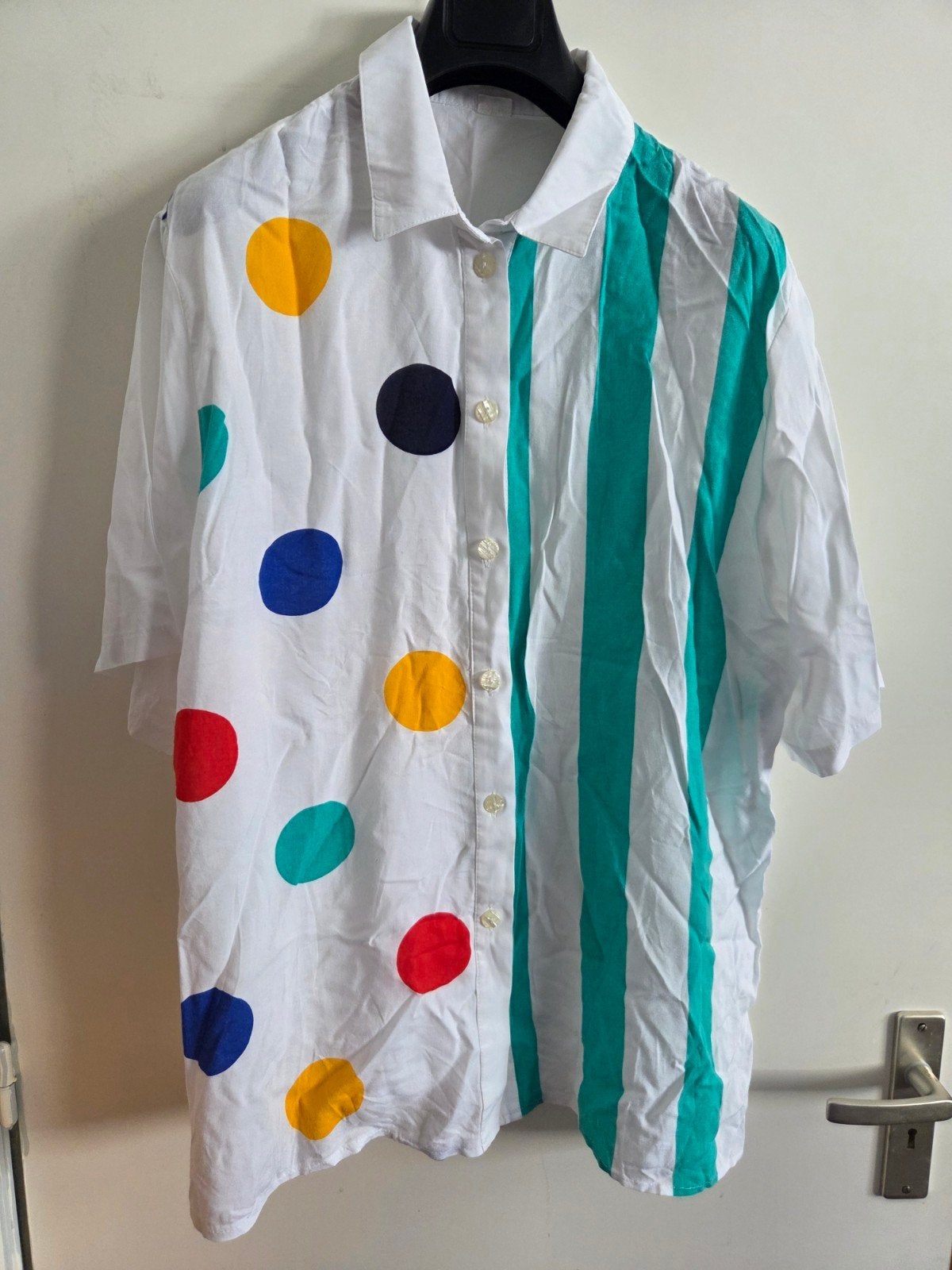Vintage colorblock hemd stippen & strepen - XL XXL, Kleding | Heren, Overhemden, Ophalen of Verzenden, Zo goed als nieuw, Meerkleurig