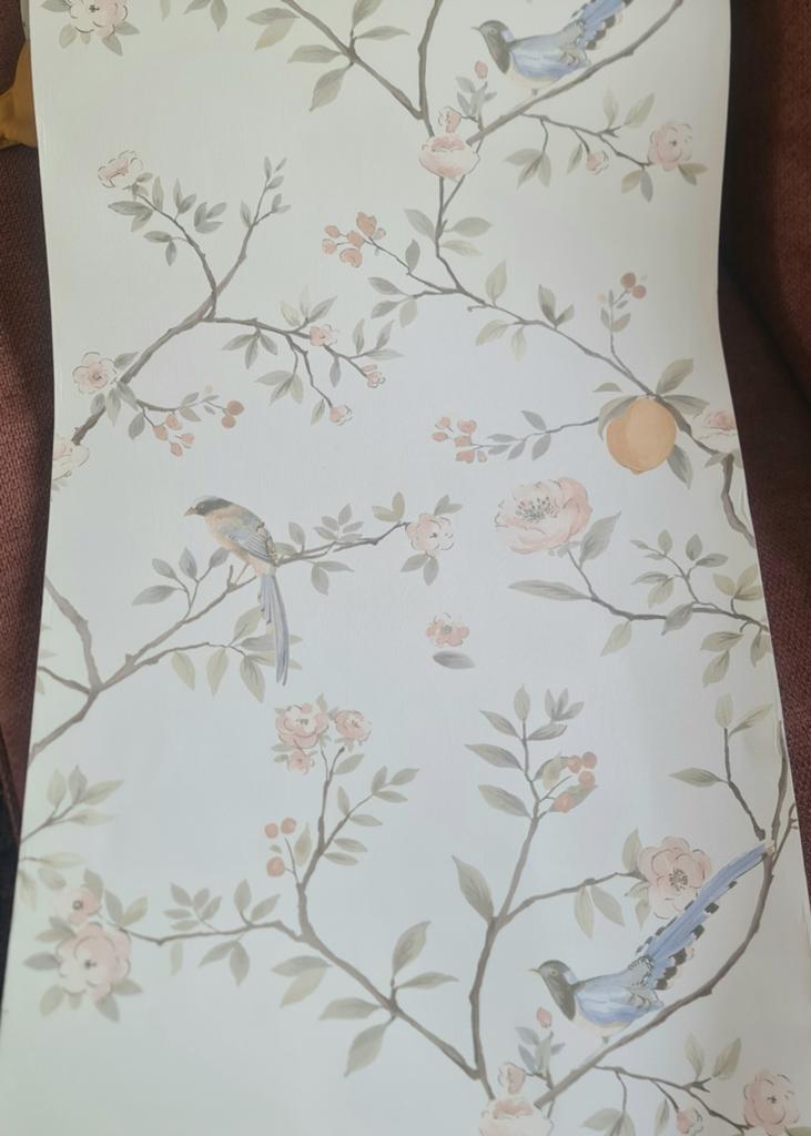 Behang met vogels en bloesem - Romantisch en stijlvol, Huis en Inrichting, Ophalen of Verzenden, Minder dan 10 m², Wit, Romantisch, Natuurlijk, Klassiek, Chinees, Chinoiserie