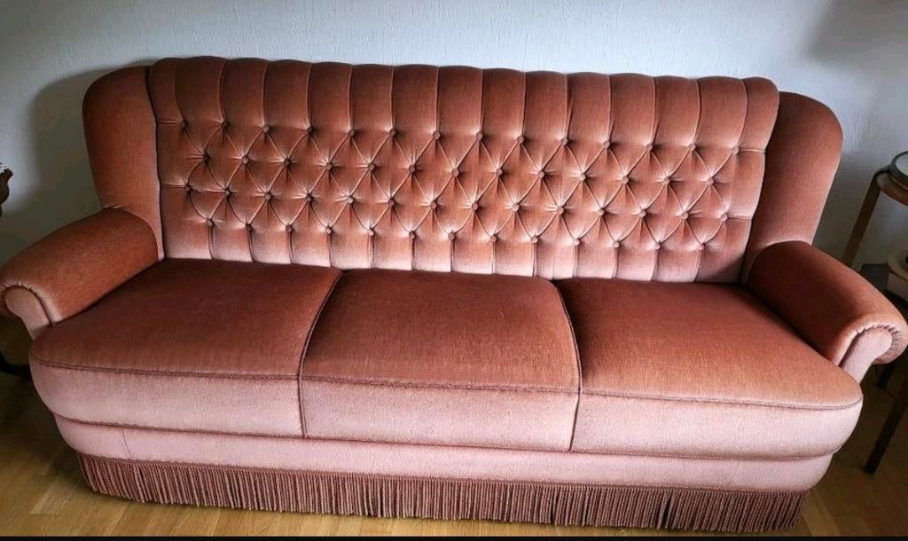 Roze vintage bank fauteuils franjes mohair bankstel, Antiek en Kunst, Antiek | Meubels | Stoelen en Banken, Ophalen of Verzenden