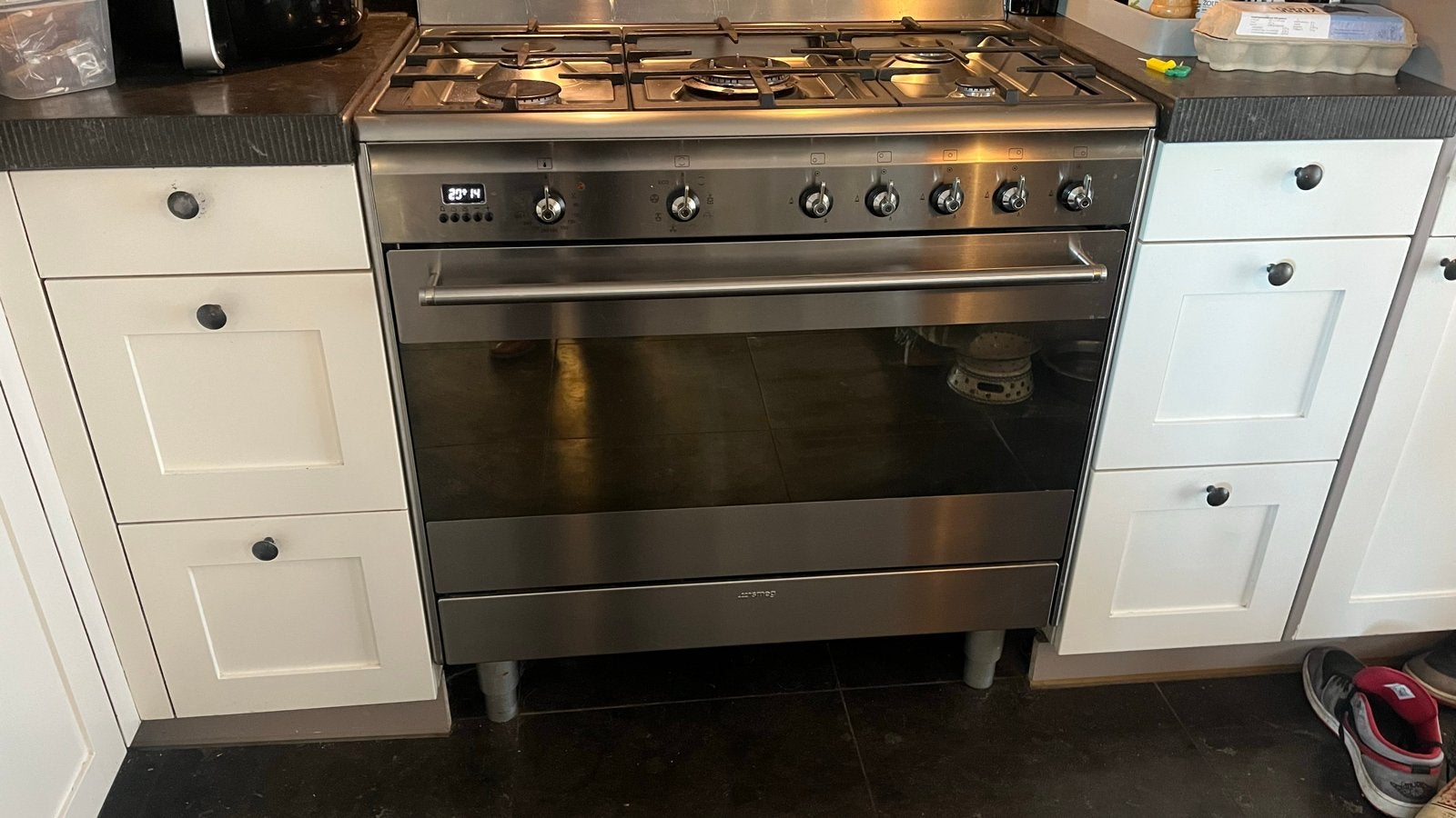 Smeg Fornuis 90cm met Grote Oven en Wokbrander, Ophalen, Gebruikt, Hete lucht, 60 cm of meer