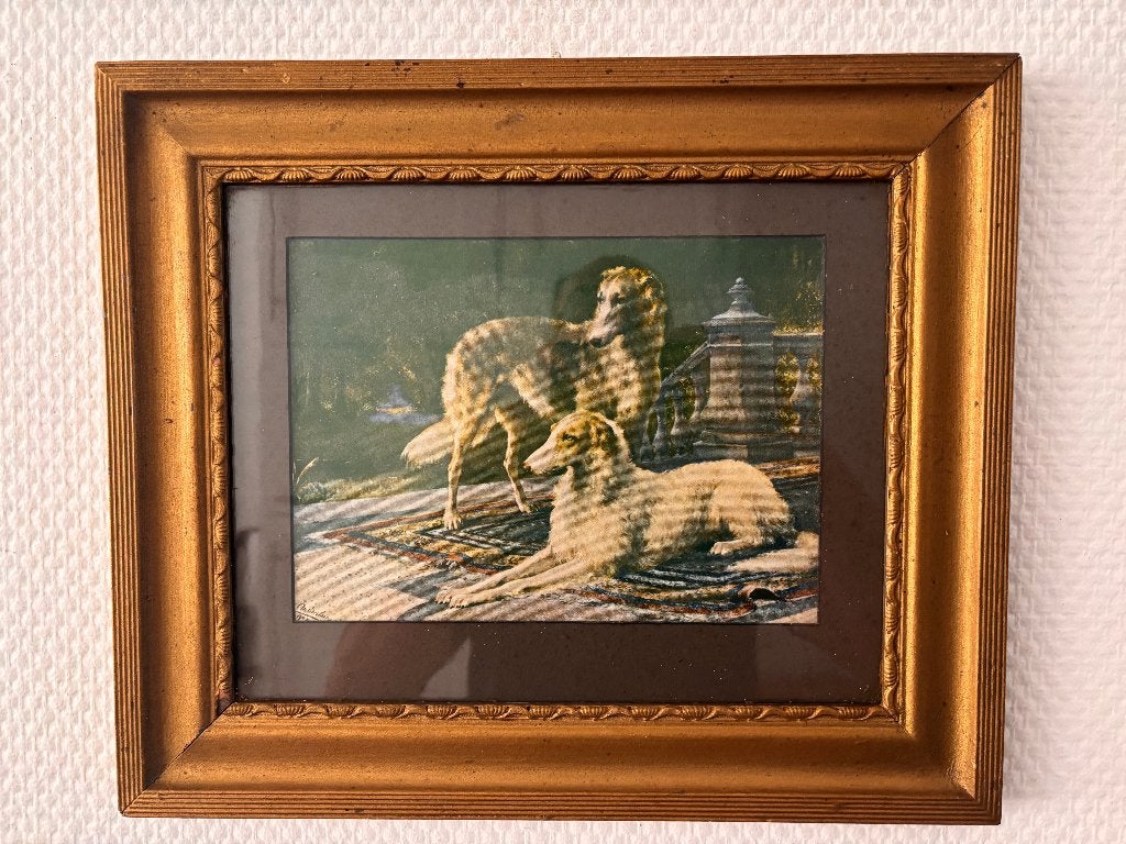 Otto Eerelman prent; Twee Russische hazewindhonden op terras, Gebruikt, Ophalen of Verzenden, Voor 1940, Dier