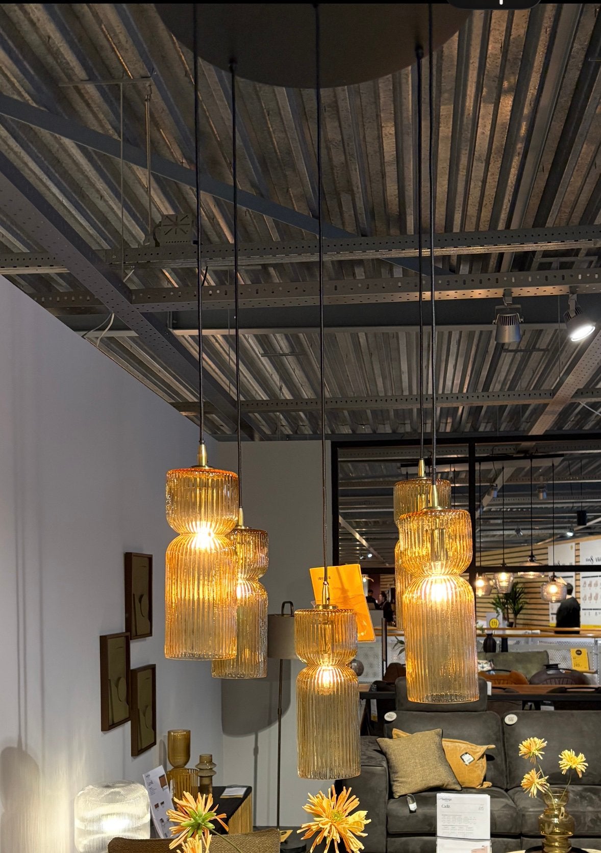 Grote hanglamp 5 punten, Ophalen of Verzenden, Zo goed als nieuw, Glas