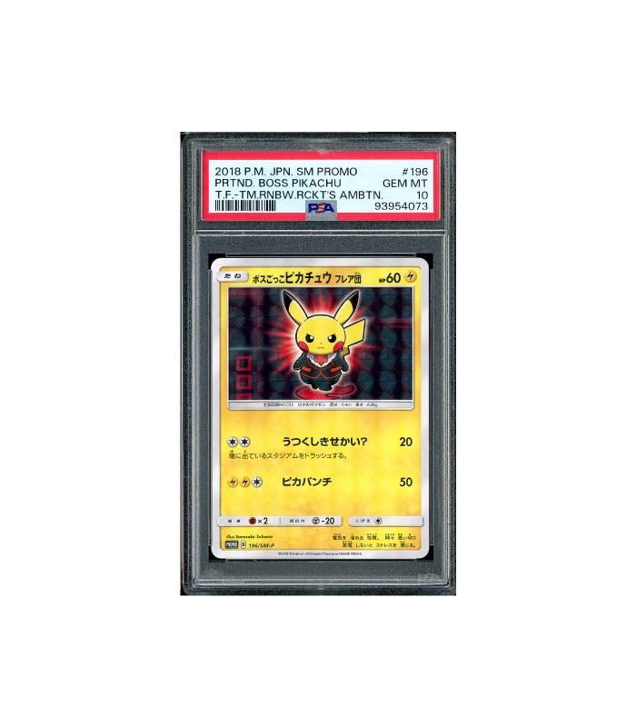 Pokemon Pretend Boss Pikachu Team Flare Promo #196 PSA 10, Ophalen of Verzenden, Zo goed als nieuw, Losse kaart, Foil