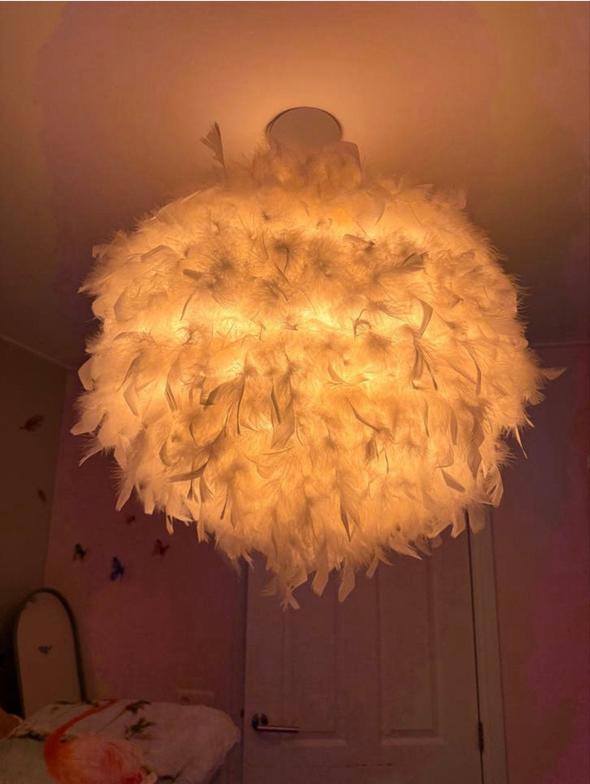 Witte Veren Plafondlamp - Ø 50 cm met 1.30m snoer, Ophalen of Verzenden, Gebruikt, Natuurlijk materiaal, E27 (groot)