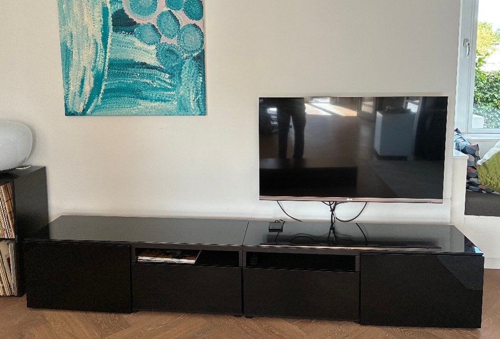 TV kast 2-delig, zwart glanzend, Ophalen, Strak modern, Zo goed als nieuw, 200 cm of meer