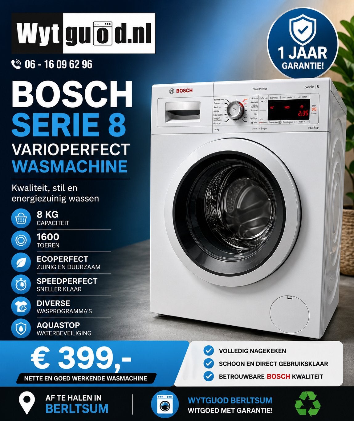 Bosch Serie 8 VarioPerfect Wasmachine - 8kg, 1600 toeren, Witgoed en Apparatuur, Ophalen, Q, Voorlader, Q